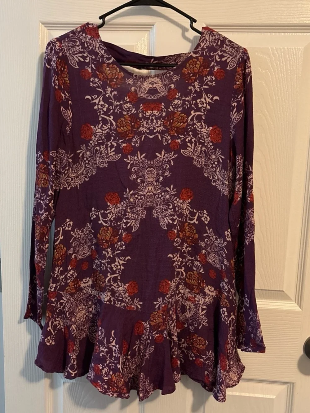 Free People Purple Floral Long-Sleeve Peplum Tunic Dress